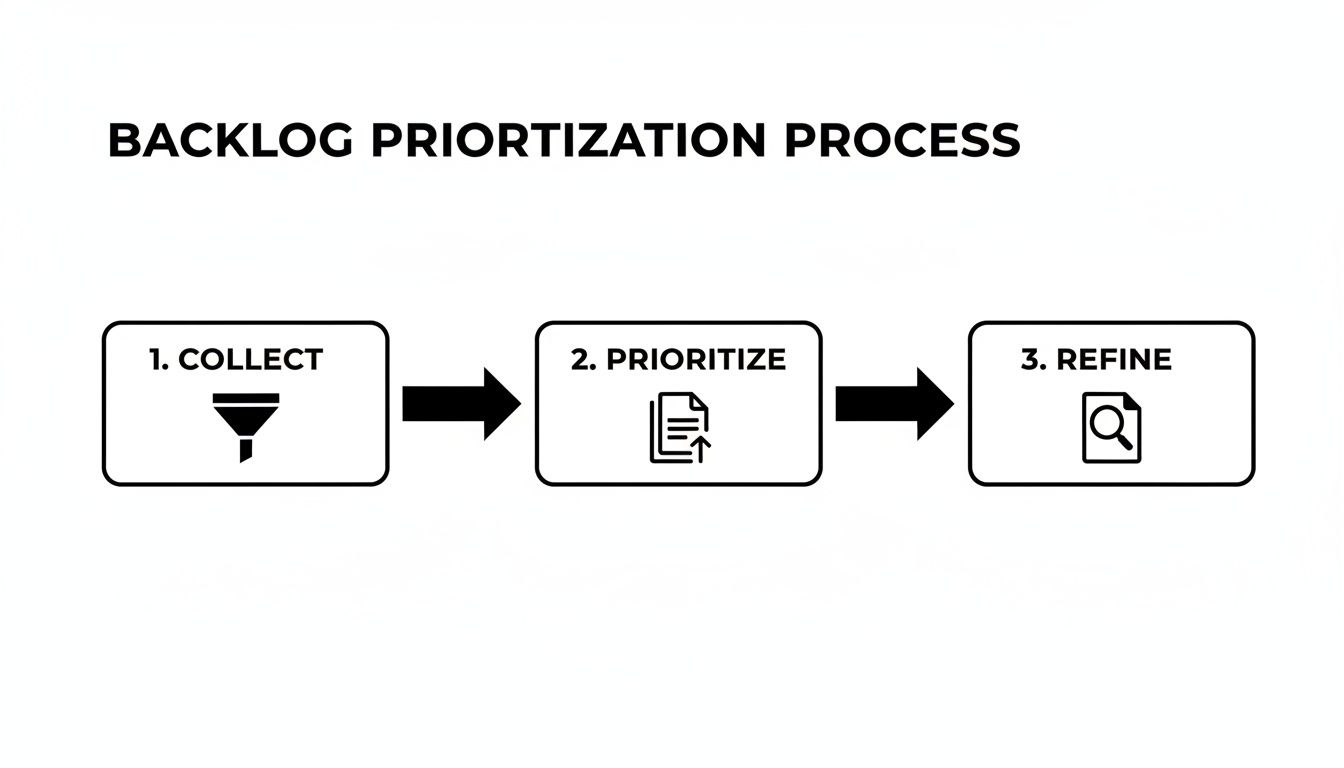 A three-step backlog prioritization process flow chart: Collect, Prioritize, and Refine.