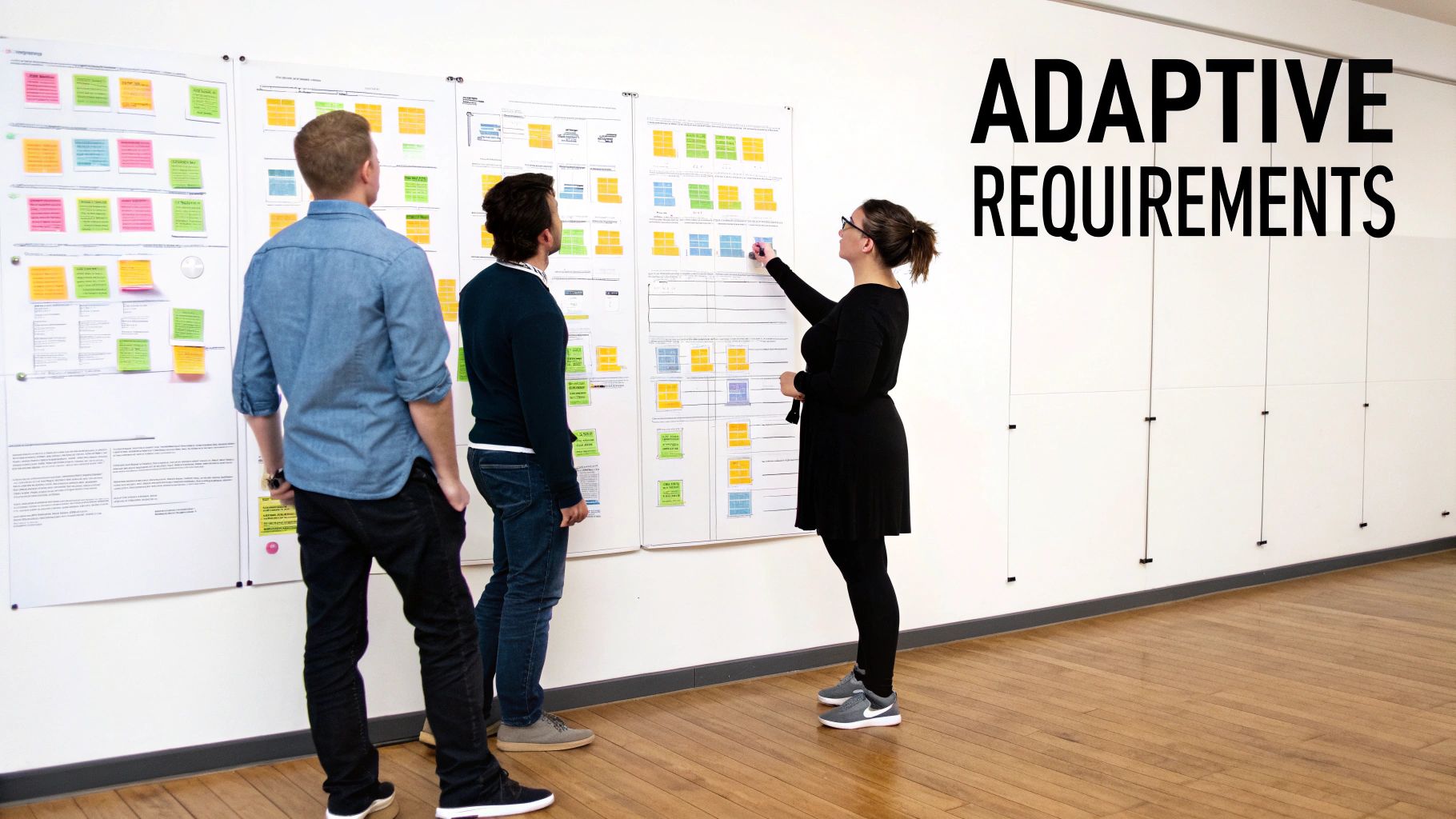 Three colleagues analyze agile product requirements on whiteboards with sticky notes in a bright office.