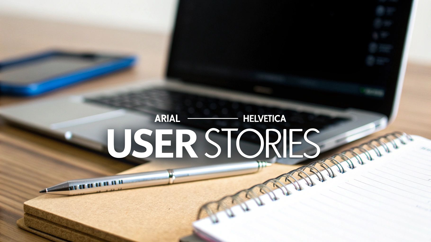 A workspace with a laptop, pen, and notebook, featuring 'USER STORIES' text overlay for agile development.