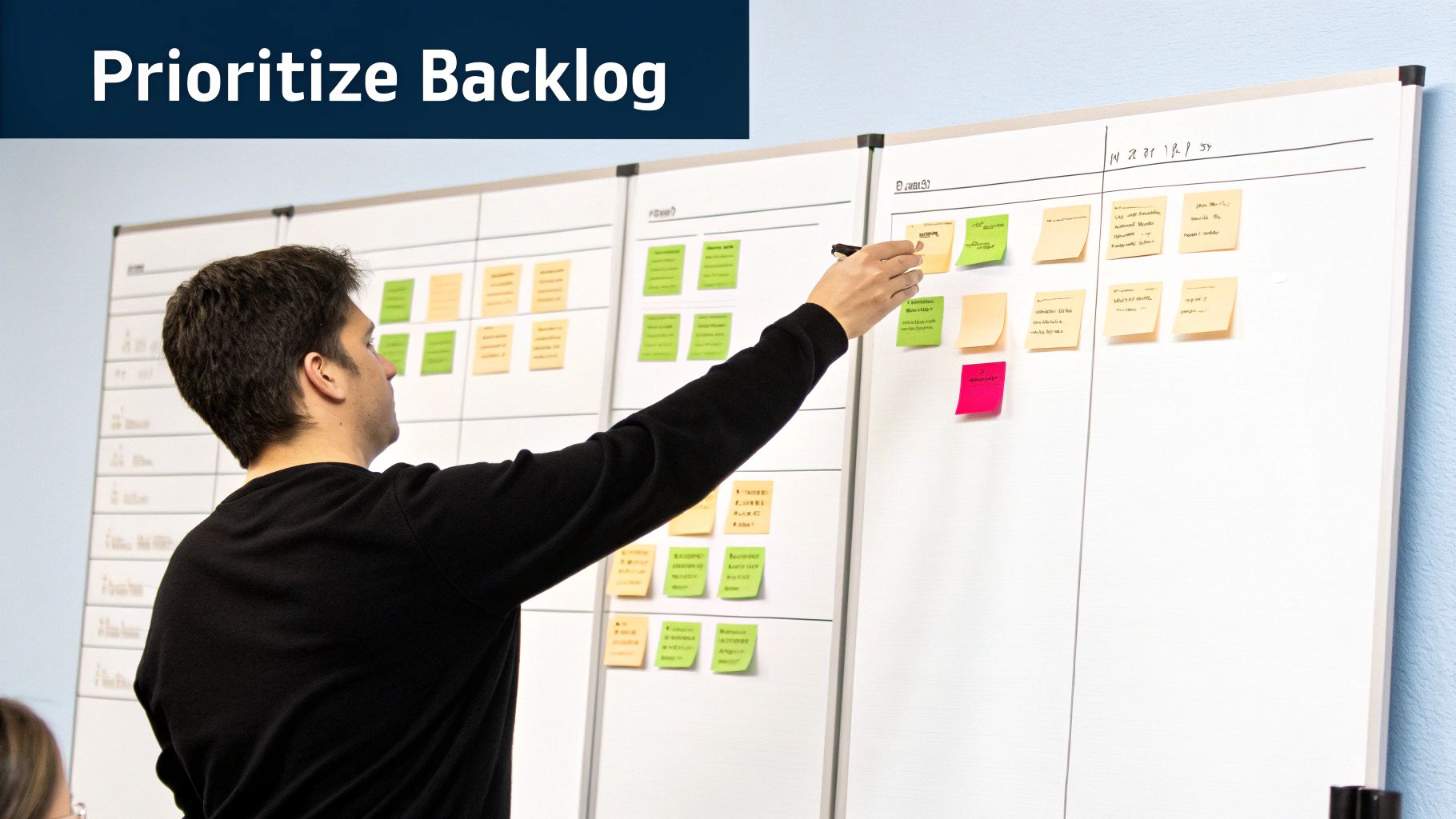 A man in a black shirt prioritizes a project backlog on a whiteboard with sticky notes.