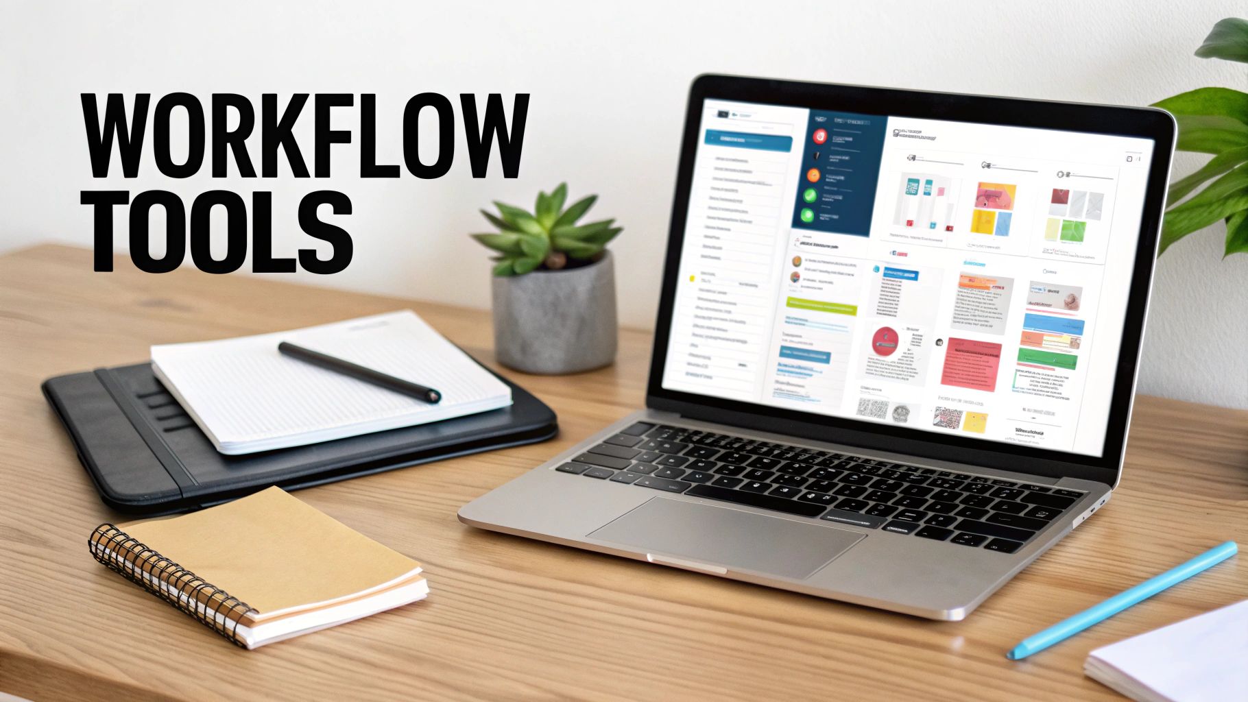 A laptop on a wooden desk displays workflow software next to notebooks and a plant, with 'WORKFLOW TOOLS' text.