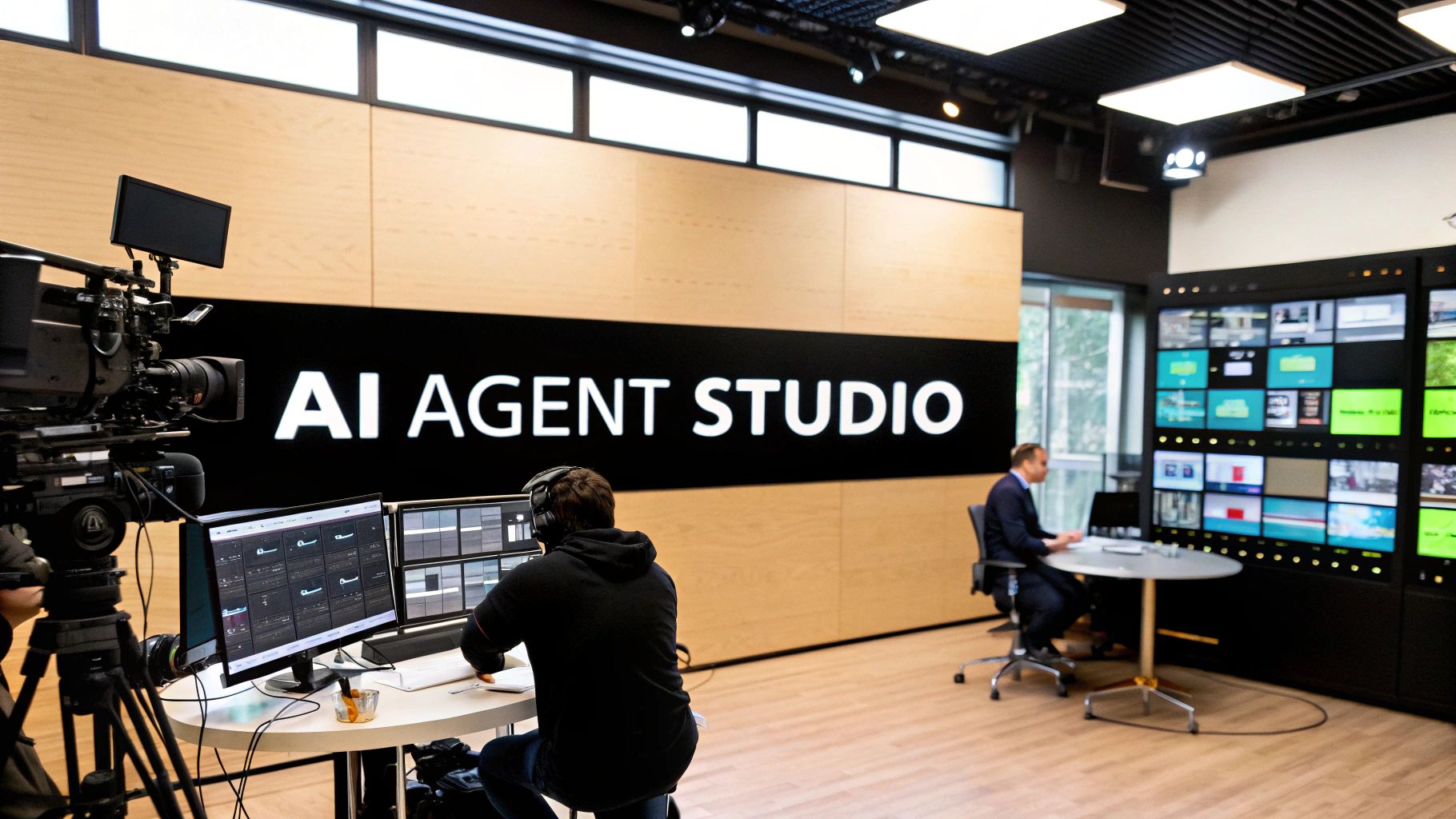 Two people working in a modern AI Agent Studio with cameras and multiple screens.