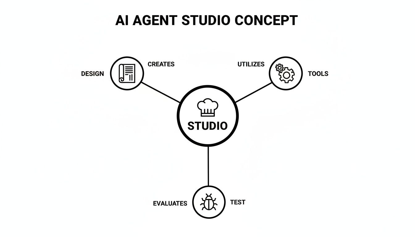 A concept diagram showing an AI Agent Studio that creates designs, utilizes tools, and evaluates tests.