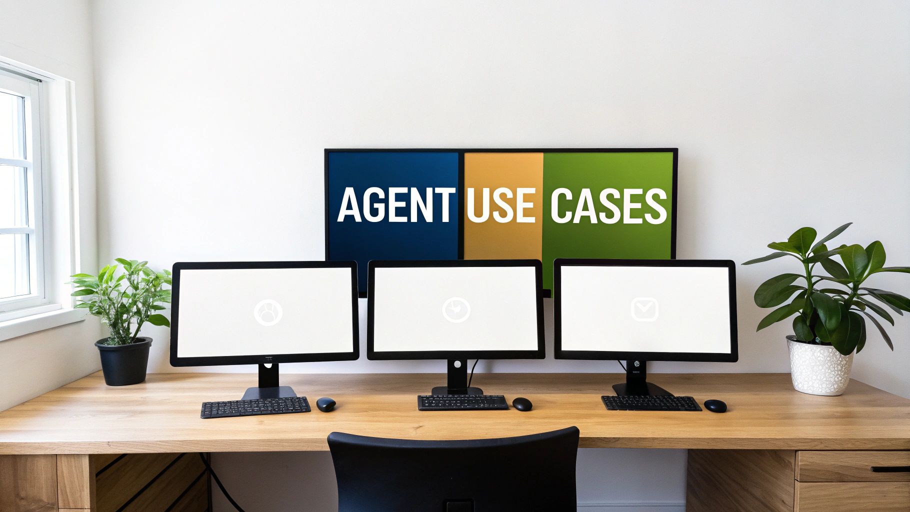A modern office workspace featuring three computer monitors on a wooden desk with a large screen displaying 'AGENT USE CASES'.