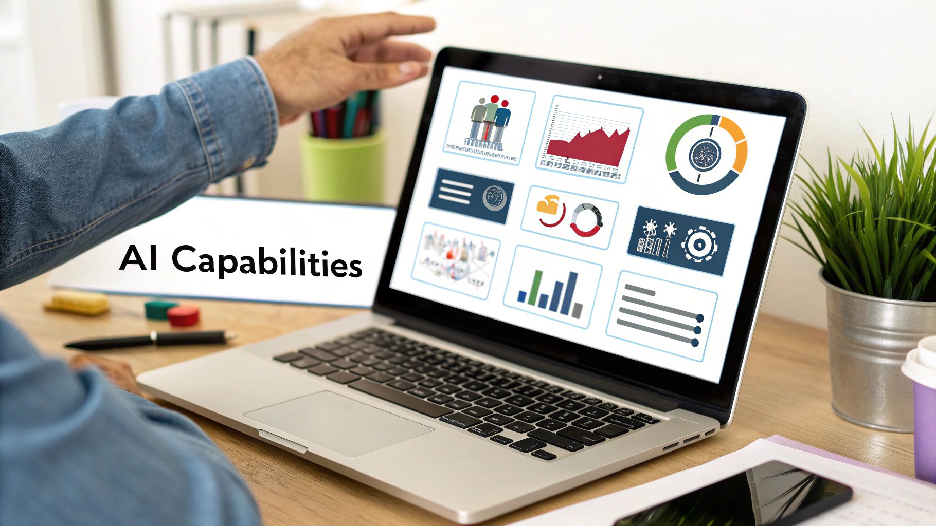 A person's hand near a laptop displaying charts and a tablet showing 'AI Capabilities' in an office.