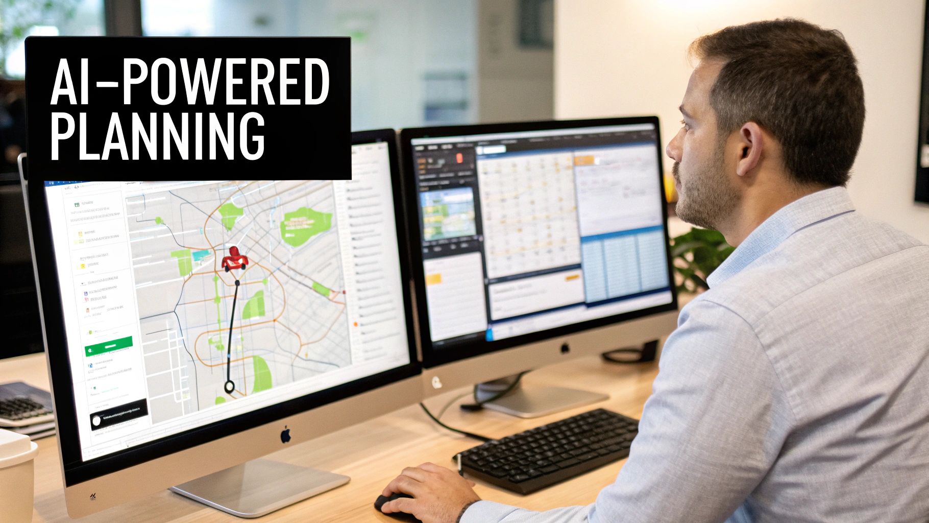 A man uses two computer monitors displaying AI-powered route planning and scheduling software.