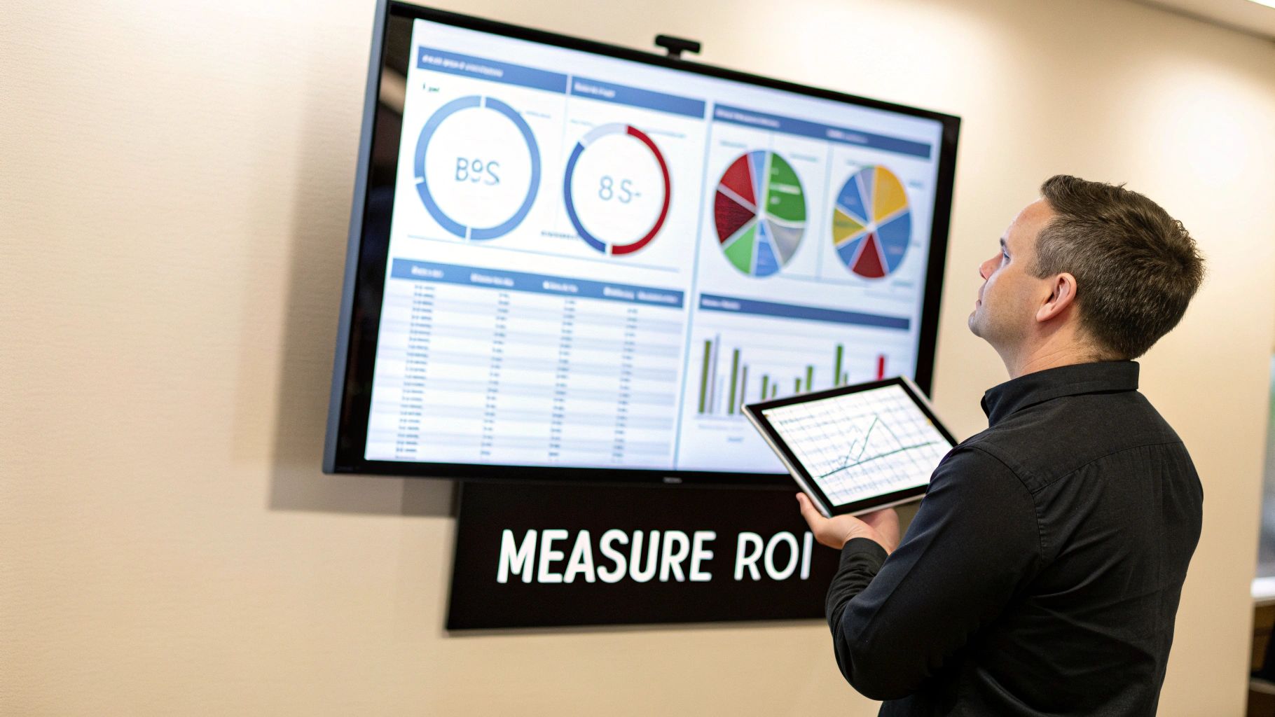 A man compares data visualizations on a large wall screen and a tablet, focusing on ROI metrics.