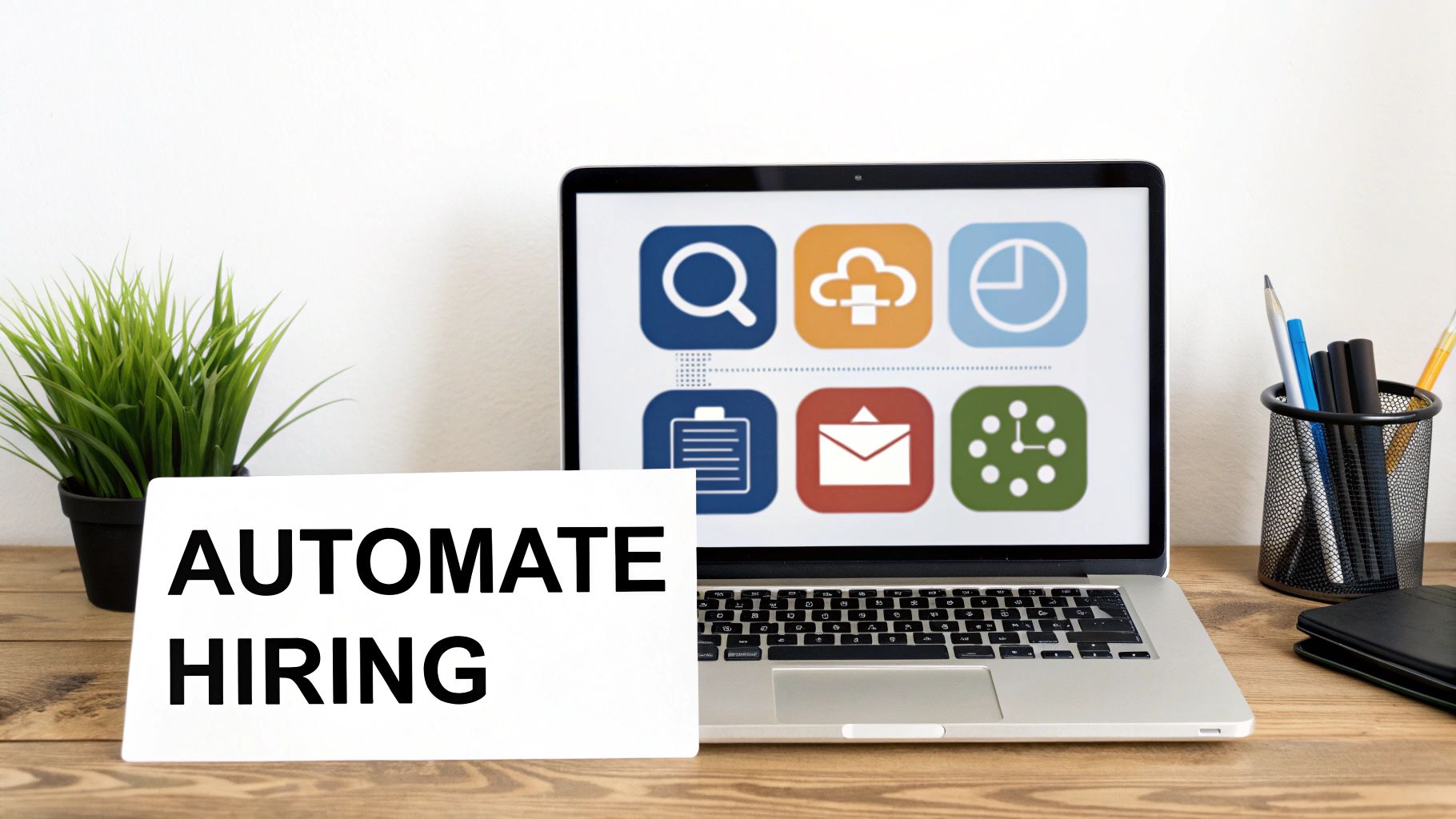 A laptop on a wooden desk displaying software icons, with a card reading 'AUTOMATE HIRING' in the foreground.