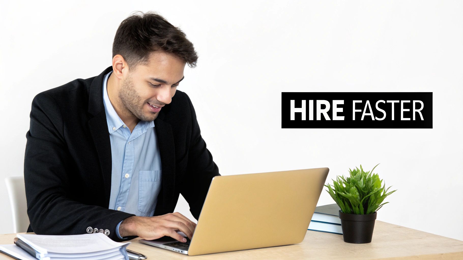 A smiling man in a blazer works on a laptop with 'HIRE FASTER' text.