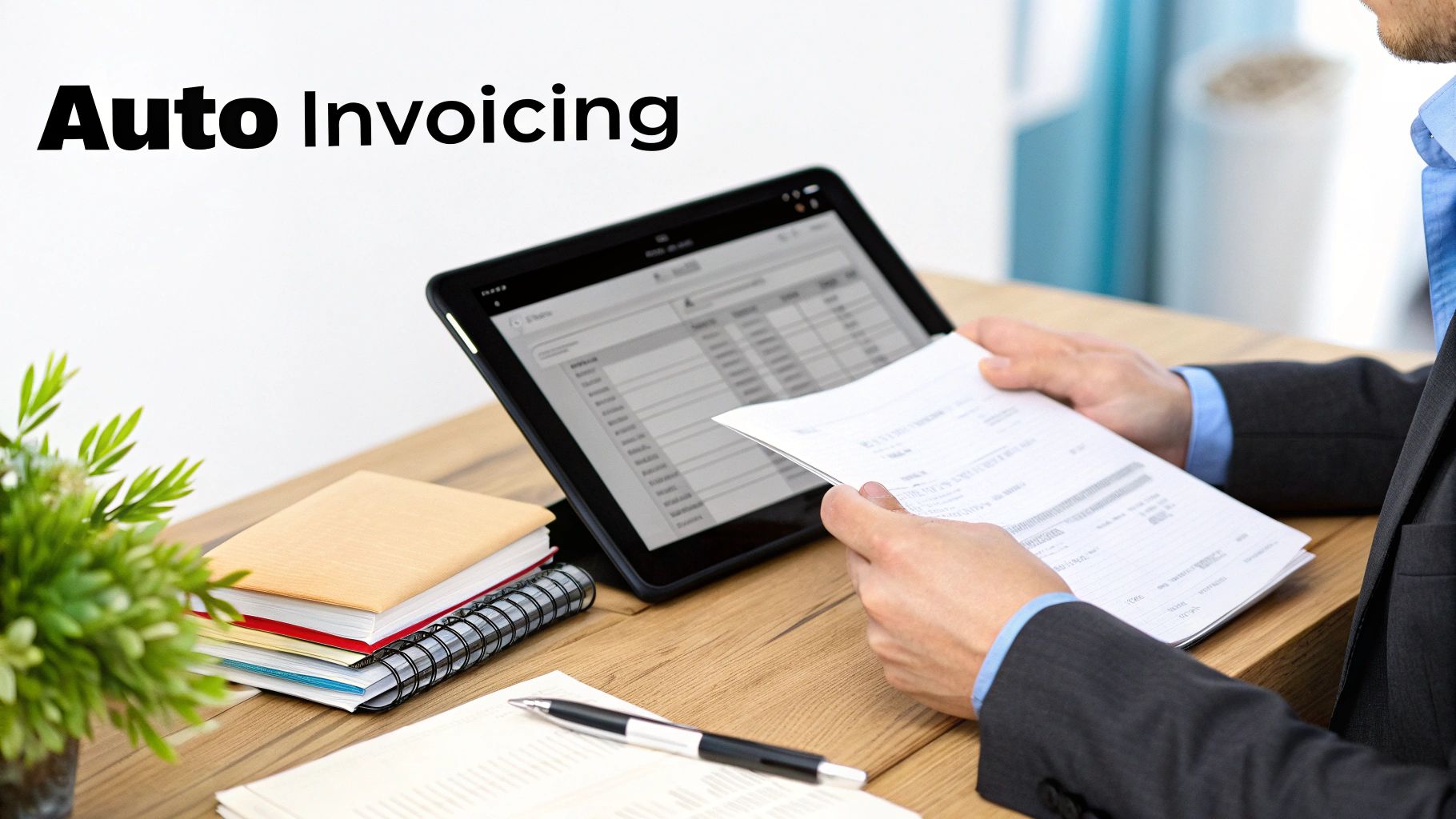 Businessman reviewing auto invoicing documents on a tablet, representing automated business processes.