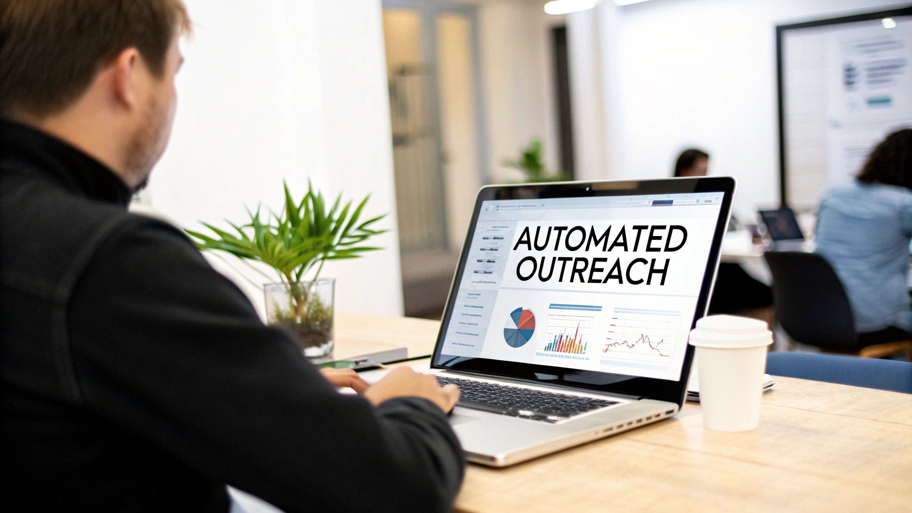 Person working on a laptop displaying 'Automated Outreach' with charts and data in a modern office.