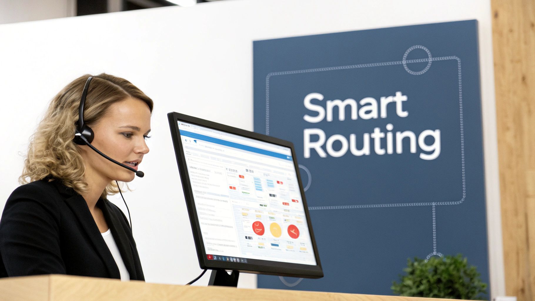 A customer service agent with a headset uses a computer for smart routing solutions.