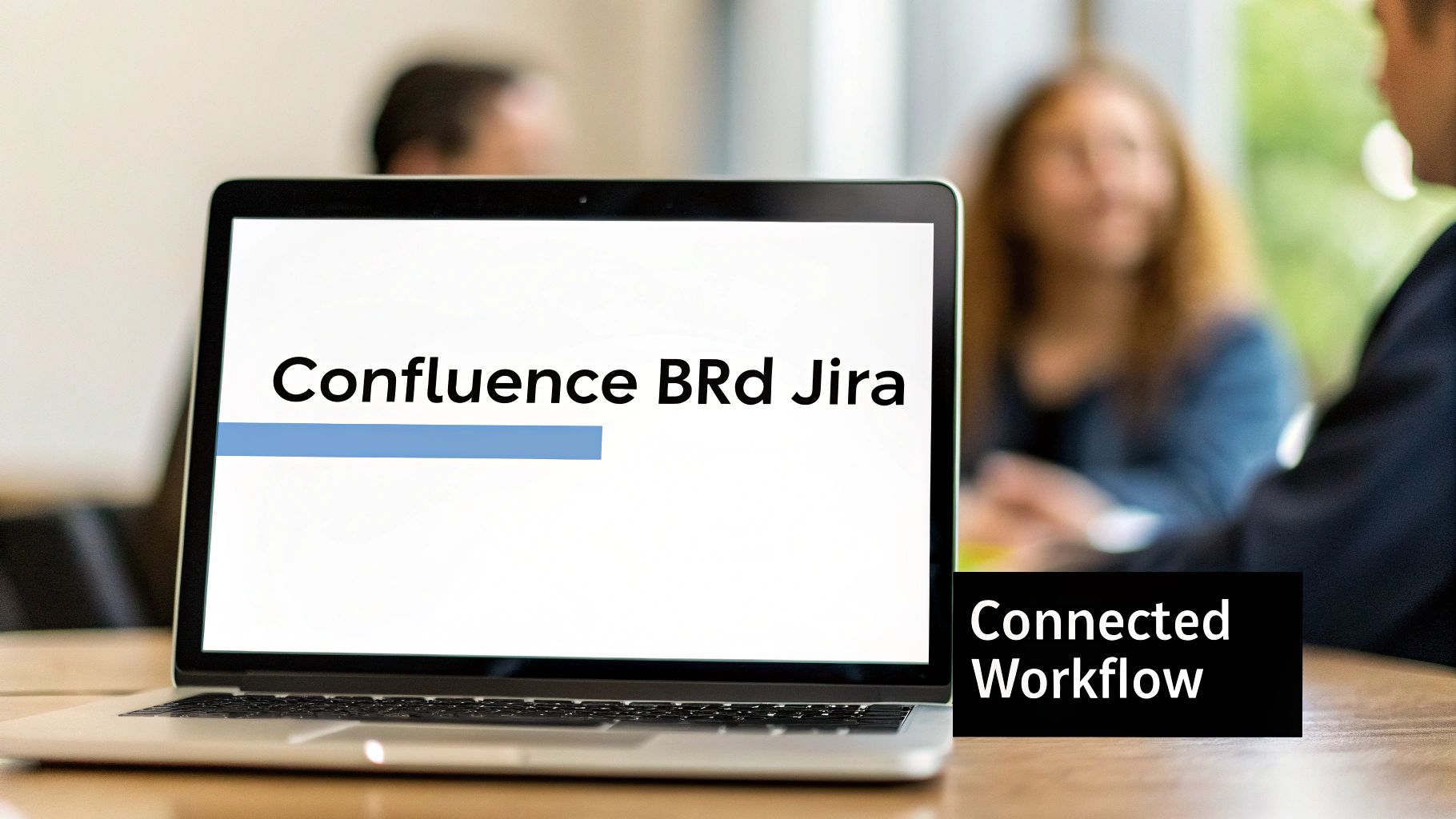Laptop screen showing 'Confluence BRd Jira' text and 'Connected Workflow' in a meeting.