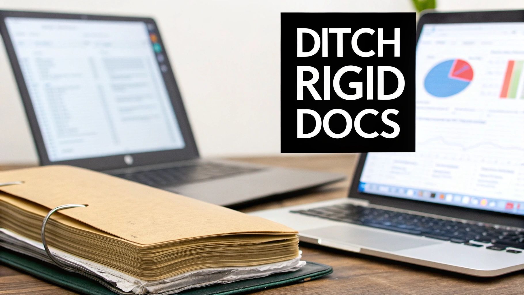 Laptops and a binder on a wooden desk, one screen displays charts, with 'DITCH RIGID DOCS' text.