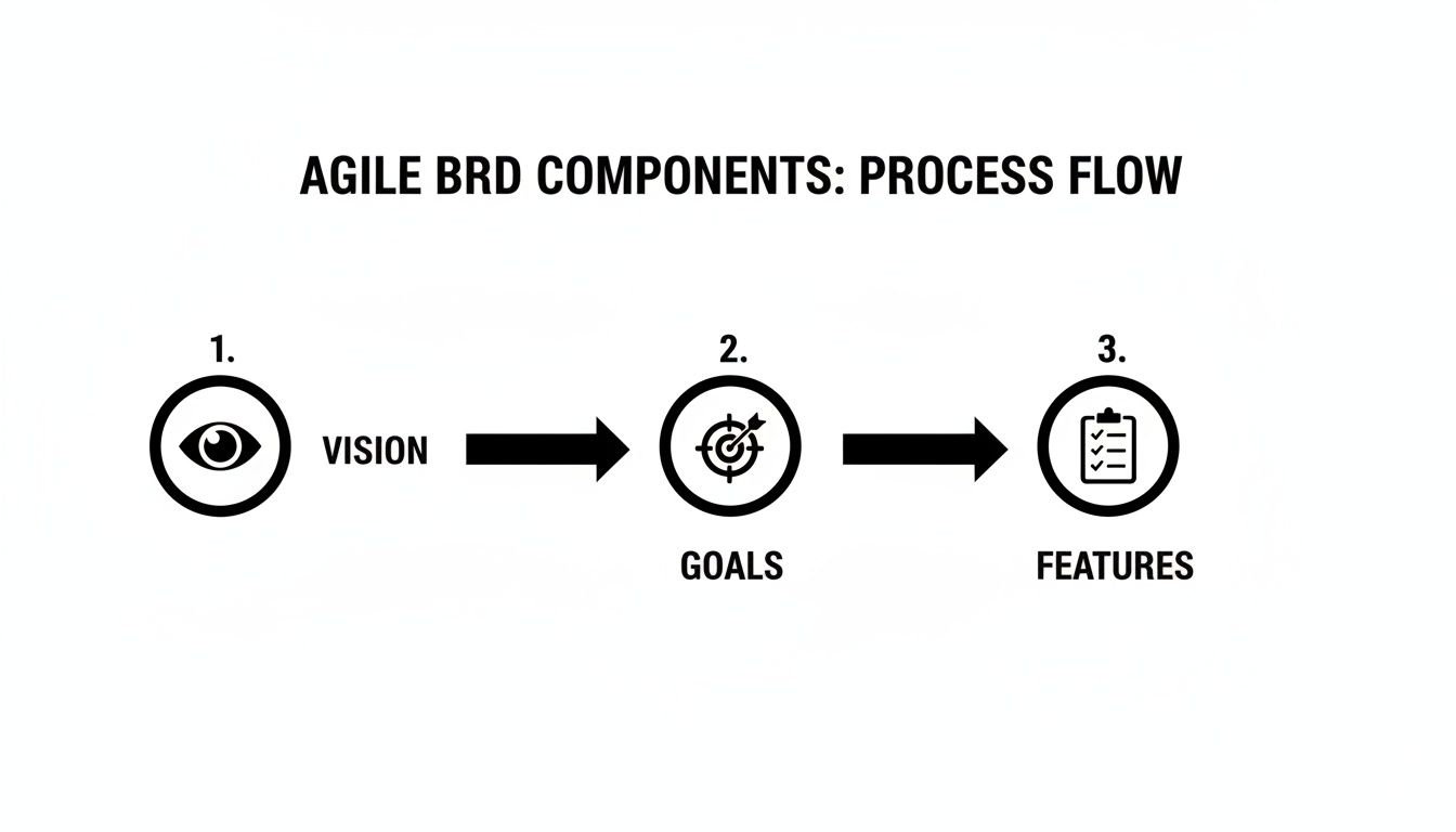 Agile BRD components process flow showing Vision, Goals, and Features steps with icons and arrows.