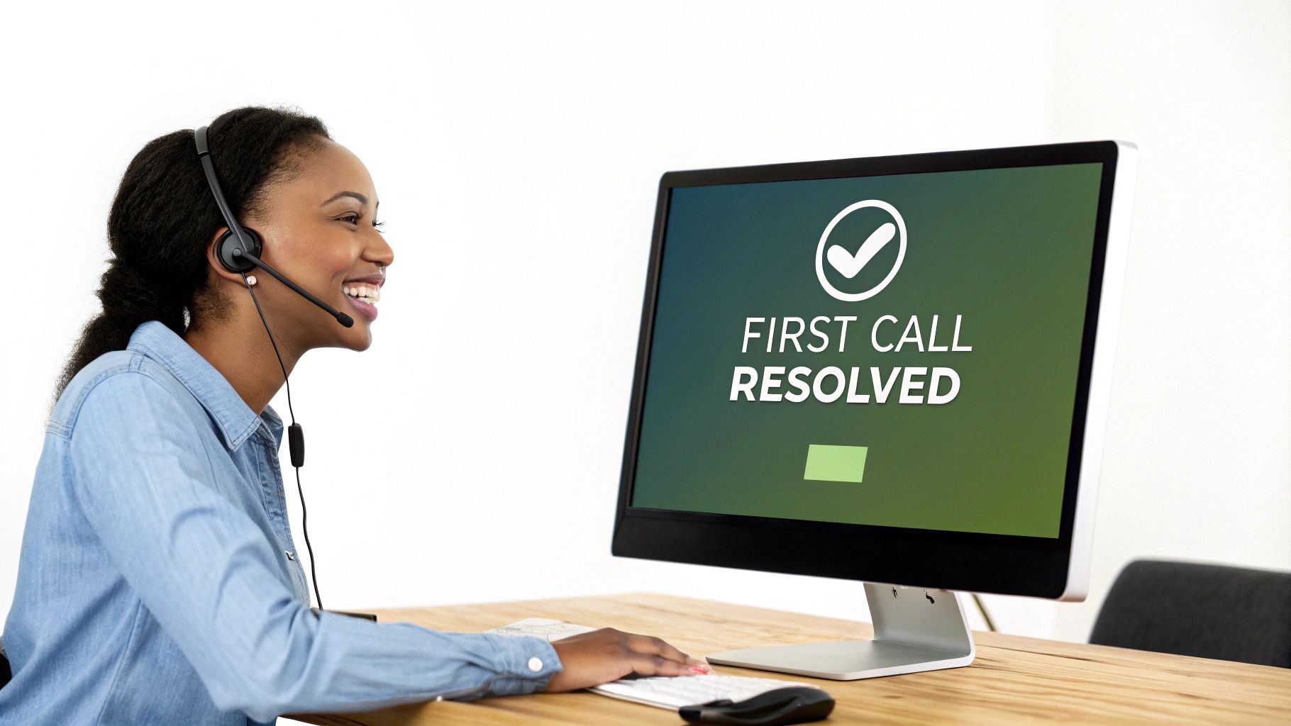 A smiling Black woman wearing a headset works at a computer showing 'FIRST CALL RESOLVED'.