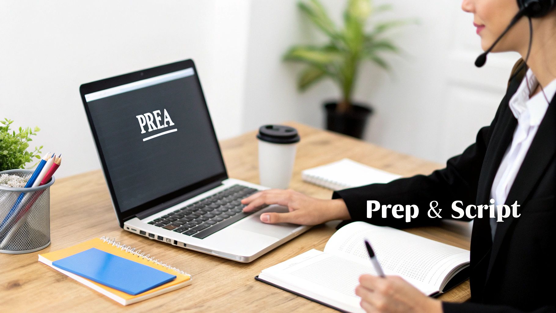A person wearing a headset prepares a script at a desk with a laptop displaying 'PREA'.