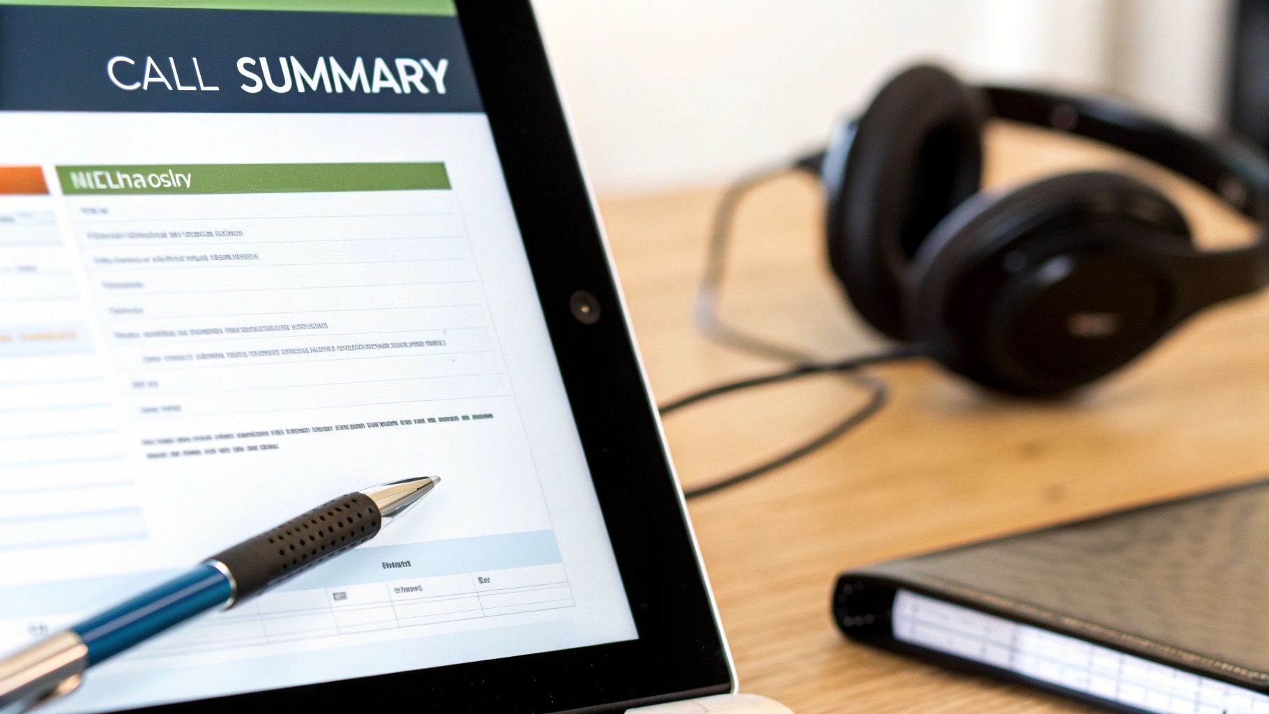 A pen rests on a tablet screen displaying a 'CALL SUMMARY' document, with headphones and a notebook in the background.