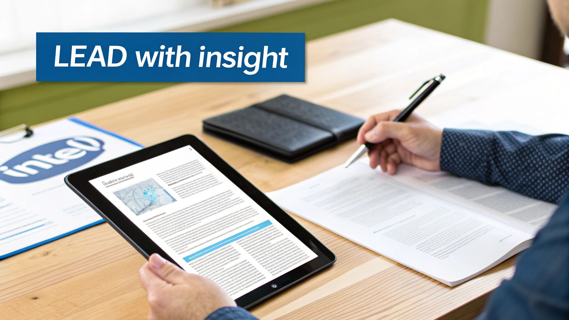 Person working at a desk with a tablet, documents, and an 'Intel' folder, promoting 'LEAD with insight'.