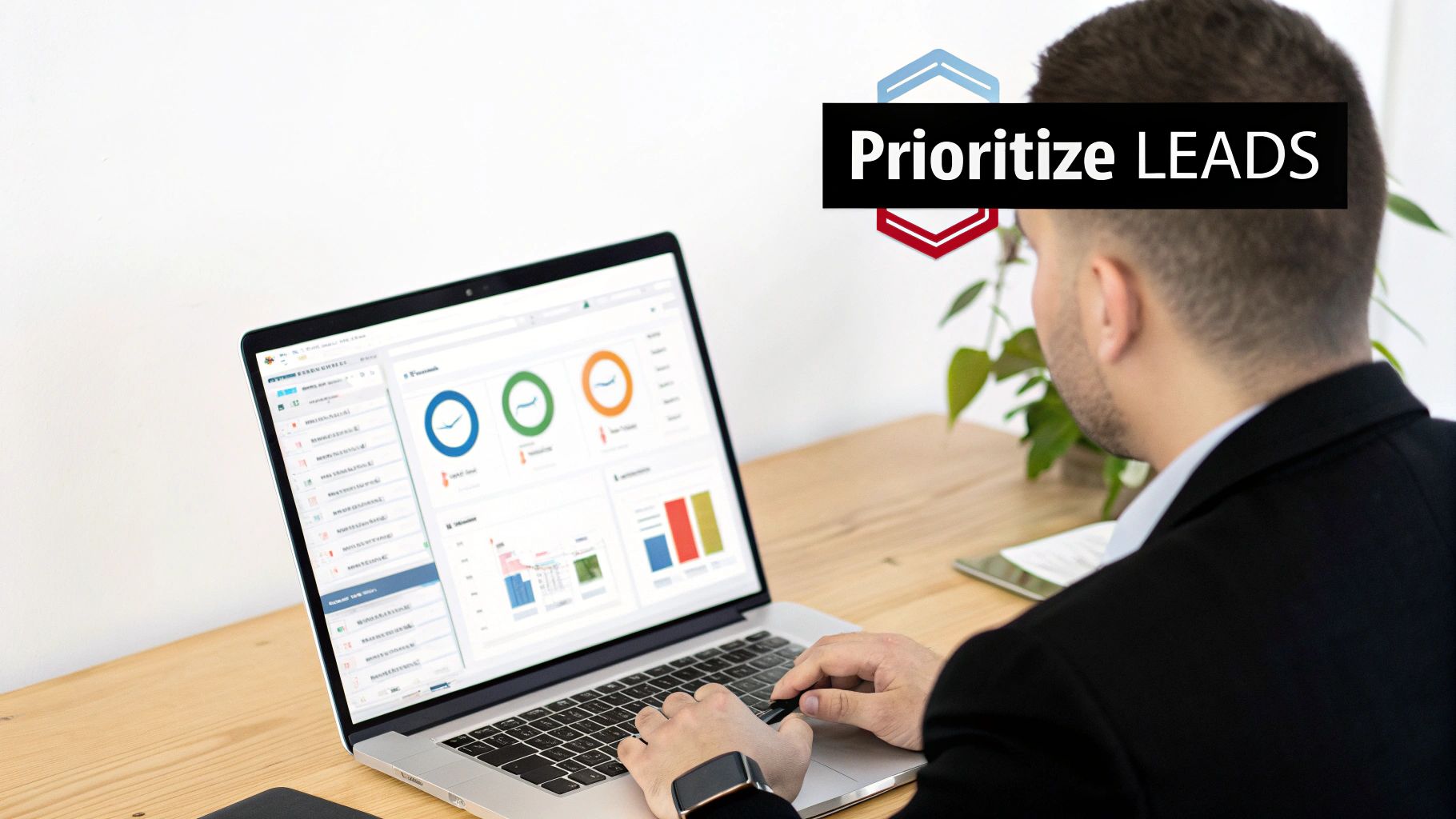 Man working on a laptop displaying a business dashboard with 'Prioritize LEADS' overlay.