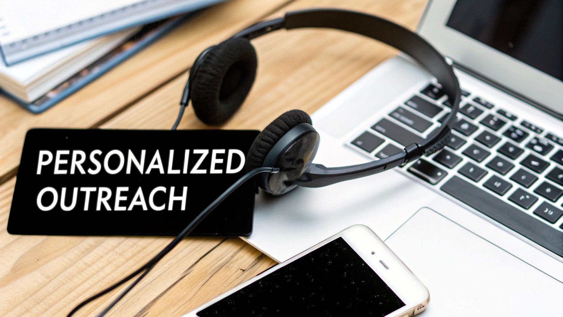 A desk with a tablet displaying 'PERSONALIZED OUTREACH', headphones, a laptop, and a smartphone.