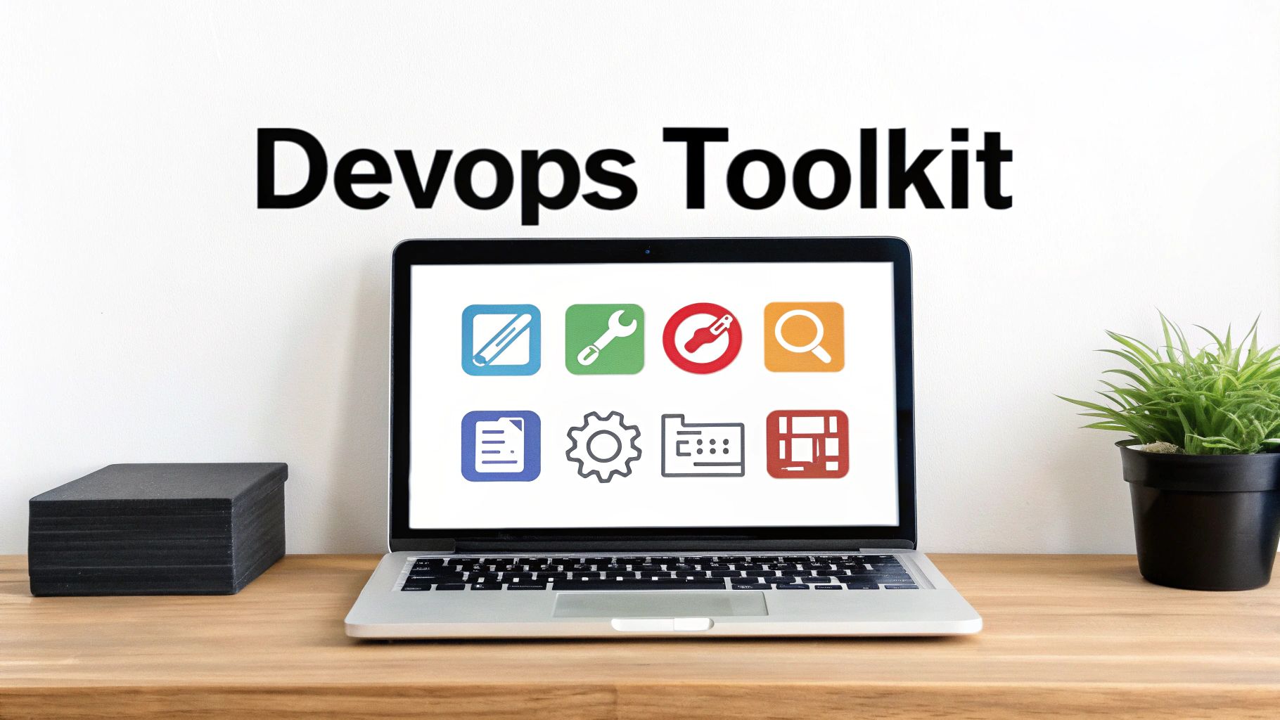 A laptop displays various software icons for a DevOps toolkit, with 'Devops Toolkit' text above.