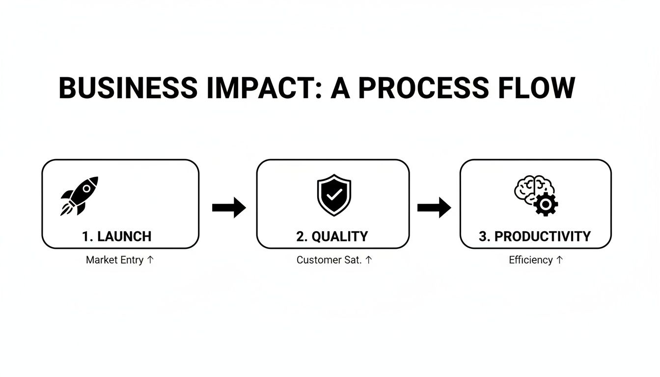 Business impact process flow diagram illustrating launch, quality, and productivity stages with upward trend indicators.