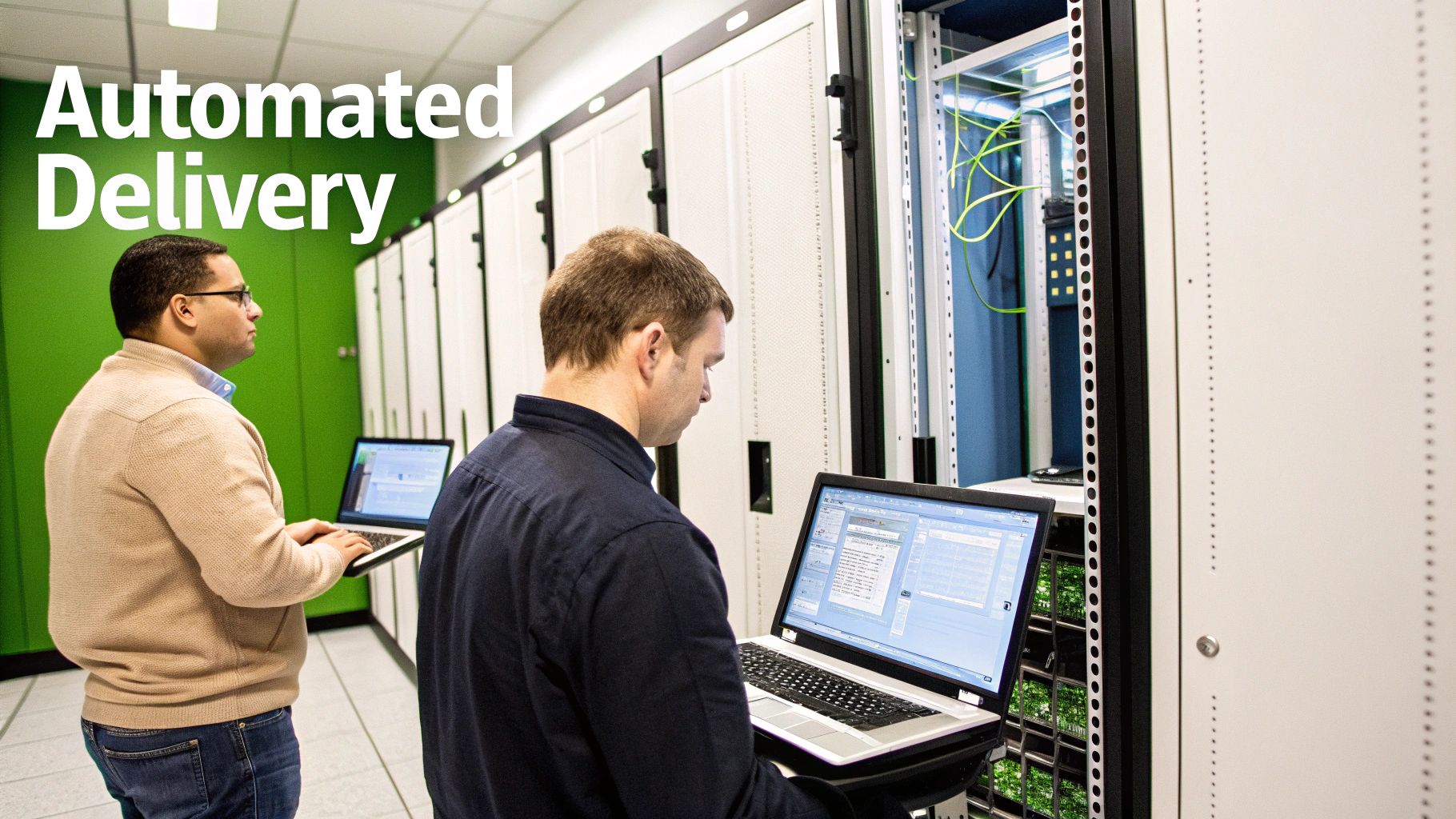 Two IT professionals work on laptops in a server room with server racks and green walls.
