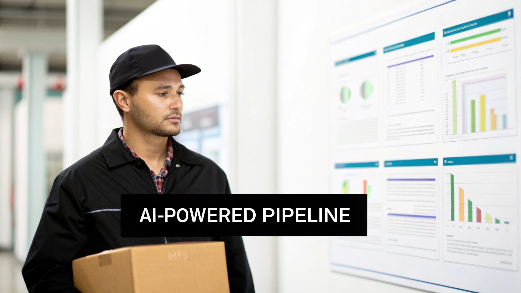 A man in a black cap and jacket holds a box, standing in front of data dashboards and text 'AI-POWERED PIPELINE'.