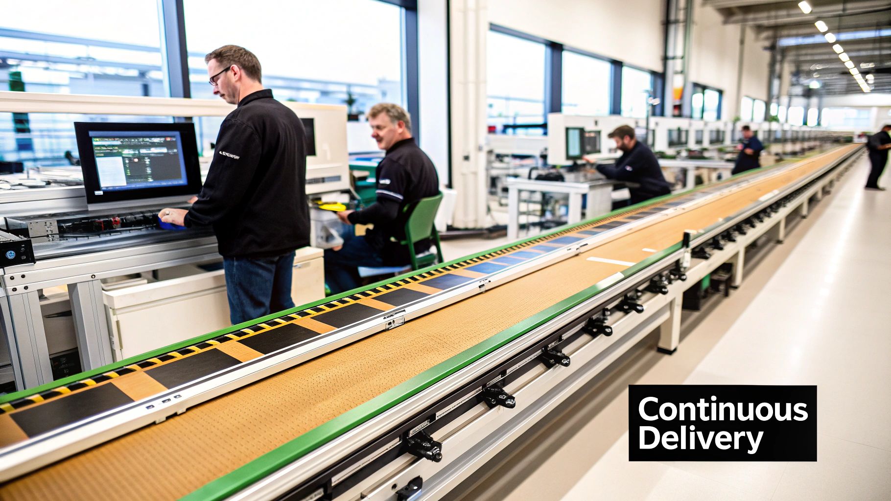 Modern factory floor with workers at stations along a lengthy conveyor belt, indicating continuous delivery.