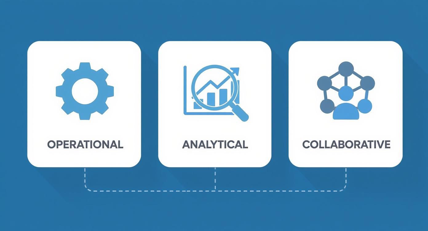 Three interconnected concepts: Operational (gear), Analytical (chart), and Collaborative (network of people).