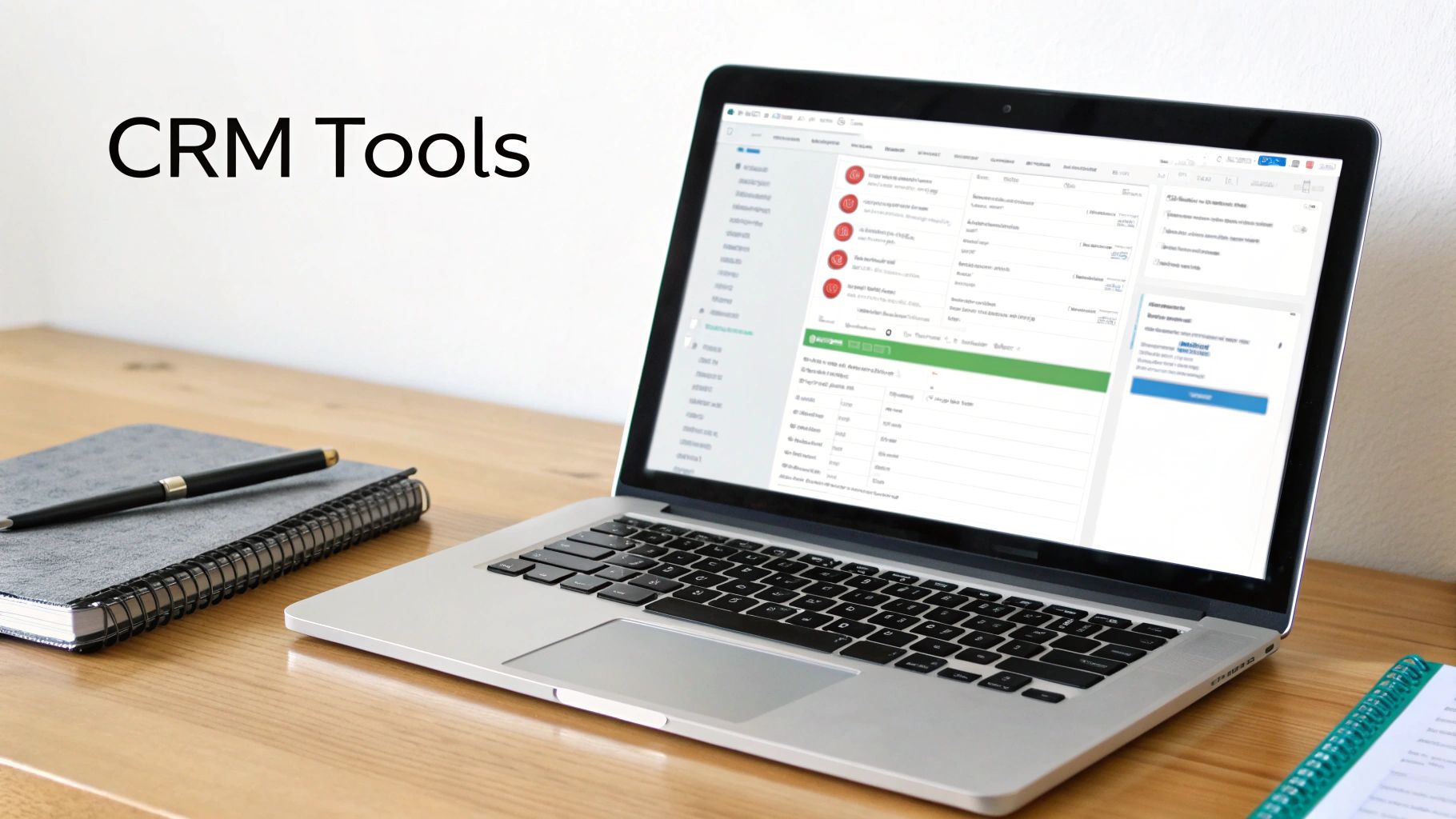 A laptop on a wooden desk displaying CRM software, next to a notebook and pen, with 'CRM Tools' text.