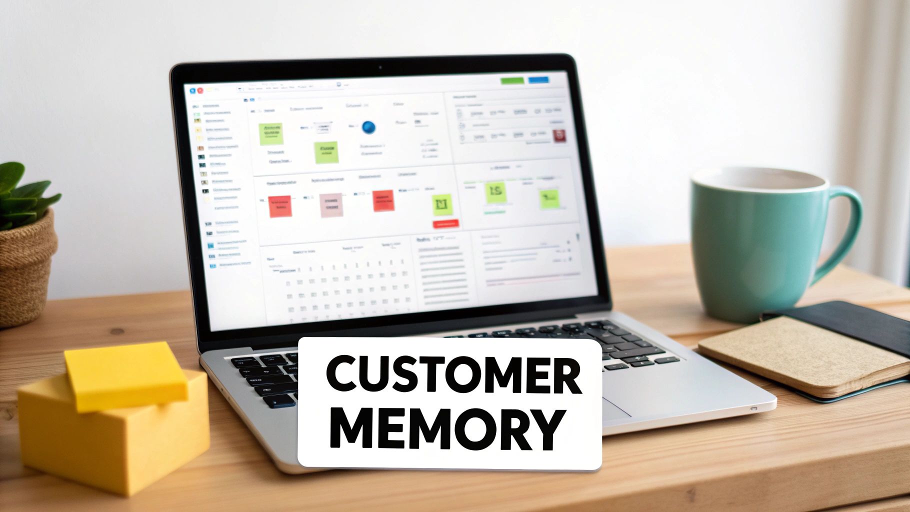 A laptop displaying a customer relationship management dashboard with a 'CUSTOMER MEMORY' card on a desk.
