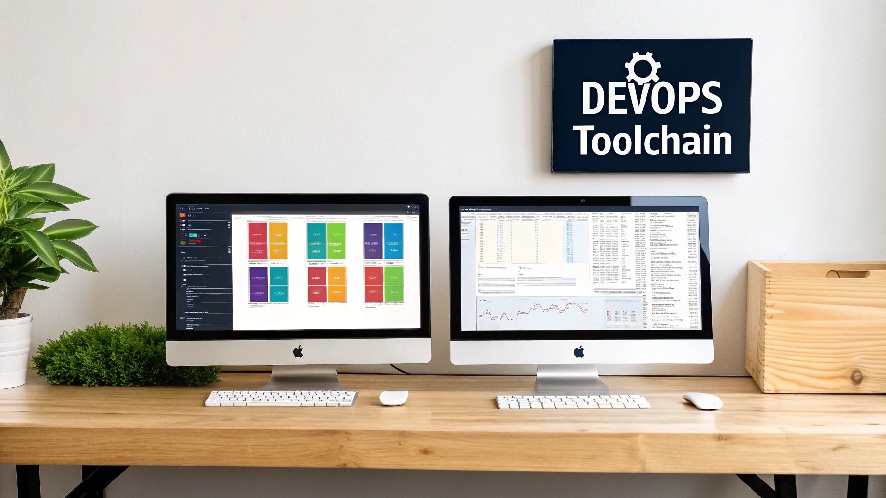 Modern office setup with dual monitors displaying DevOps software dashboards and a 'DEVOPS Toolchain' sign.