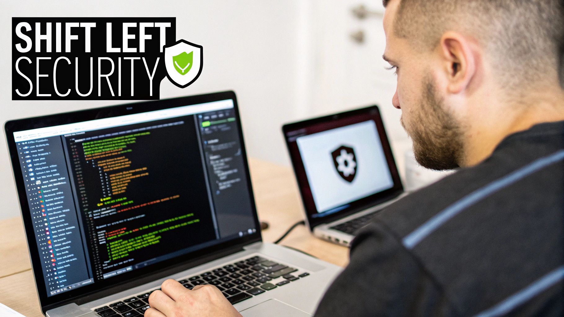 A man codes on a laptop screen displaying code, with a 'Shift Left Security' logo.