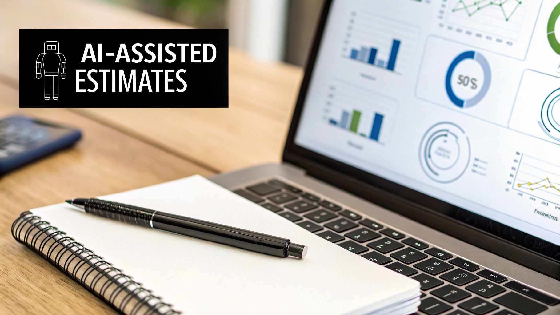 Laptop displaying data analytics charts with 'AI-ASSISTED ESTIMATES' text and robot icon, on a wooden desk.