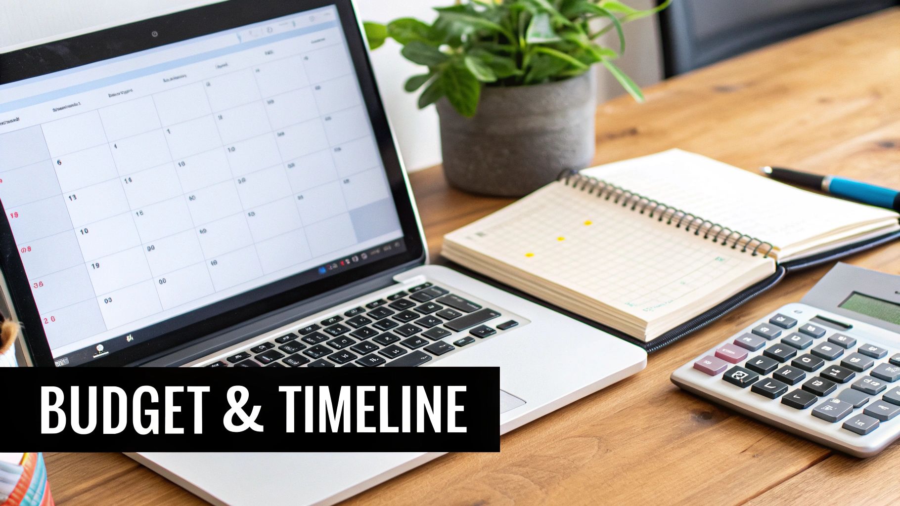A laptop displaying a calendar, an open notebook, a calculator, and a pen on a wooden desk with 'Budget & Timeline' text overlay.