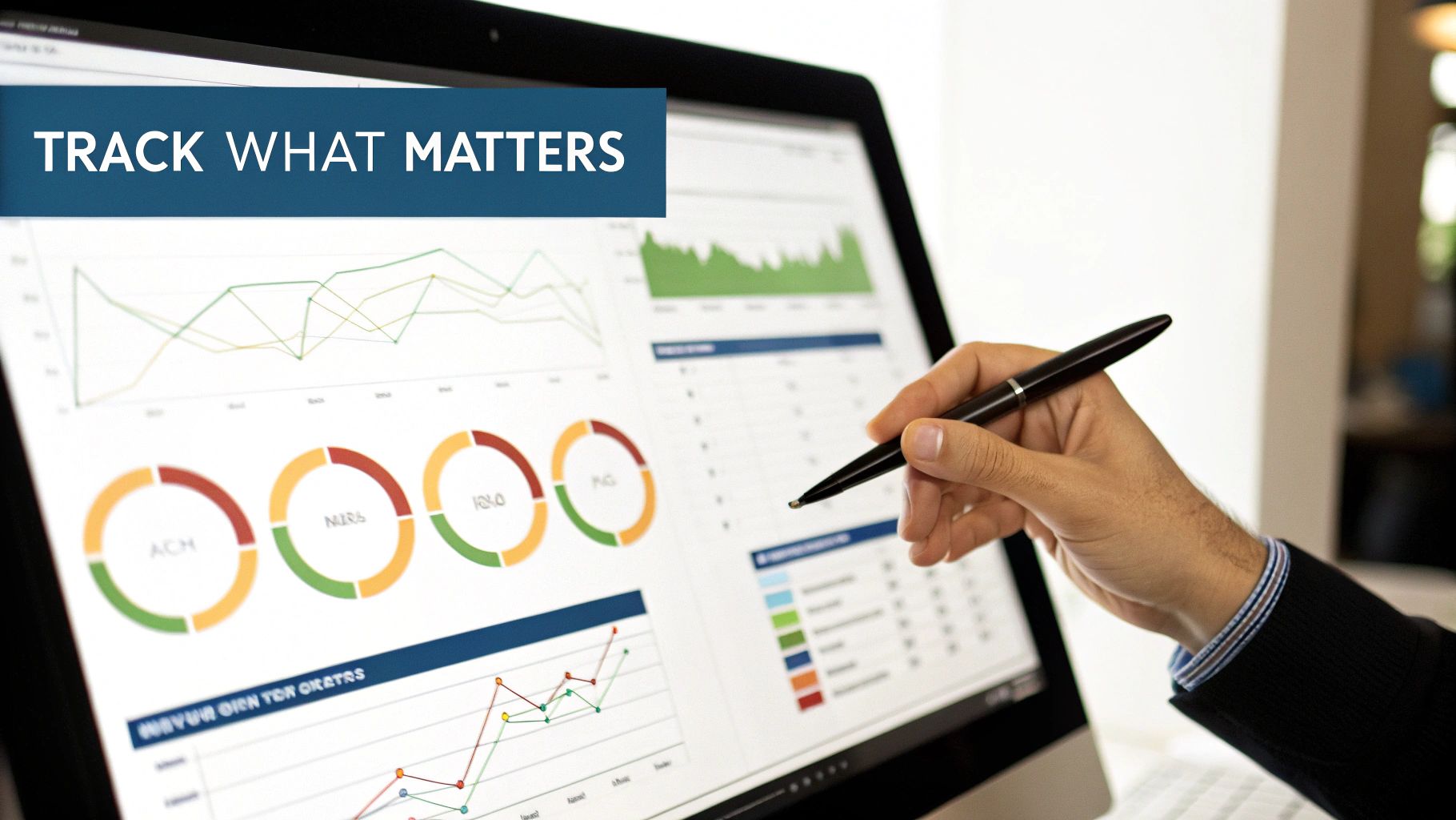 A person's hand with a pen pointing at a computer screen displaying various data charts and graphs.