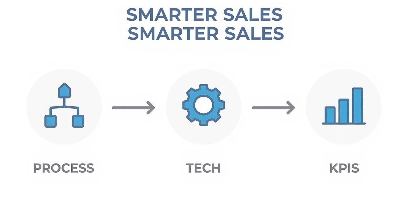 Diagram showing the flow from process to technology to KPIs, key for smarter sales.