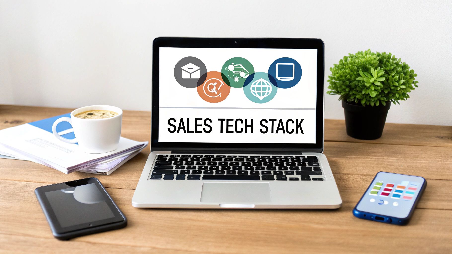 A laptop screen displays 'SALES TECH STACK' and icons, surrounded by office supplies on a wooden desk.