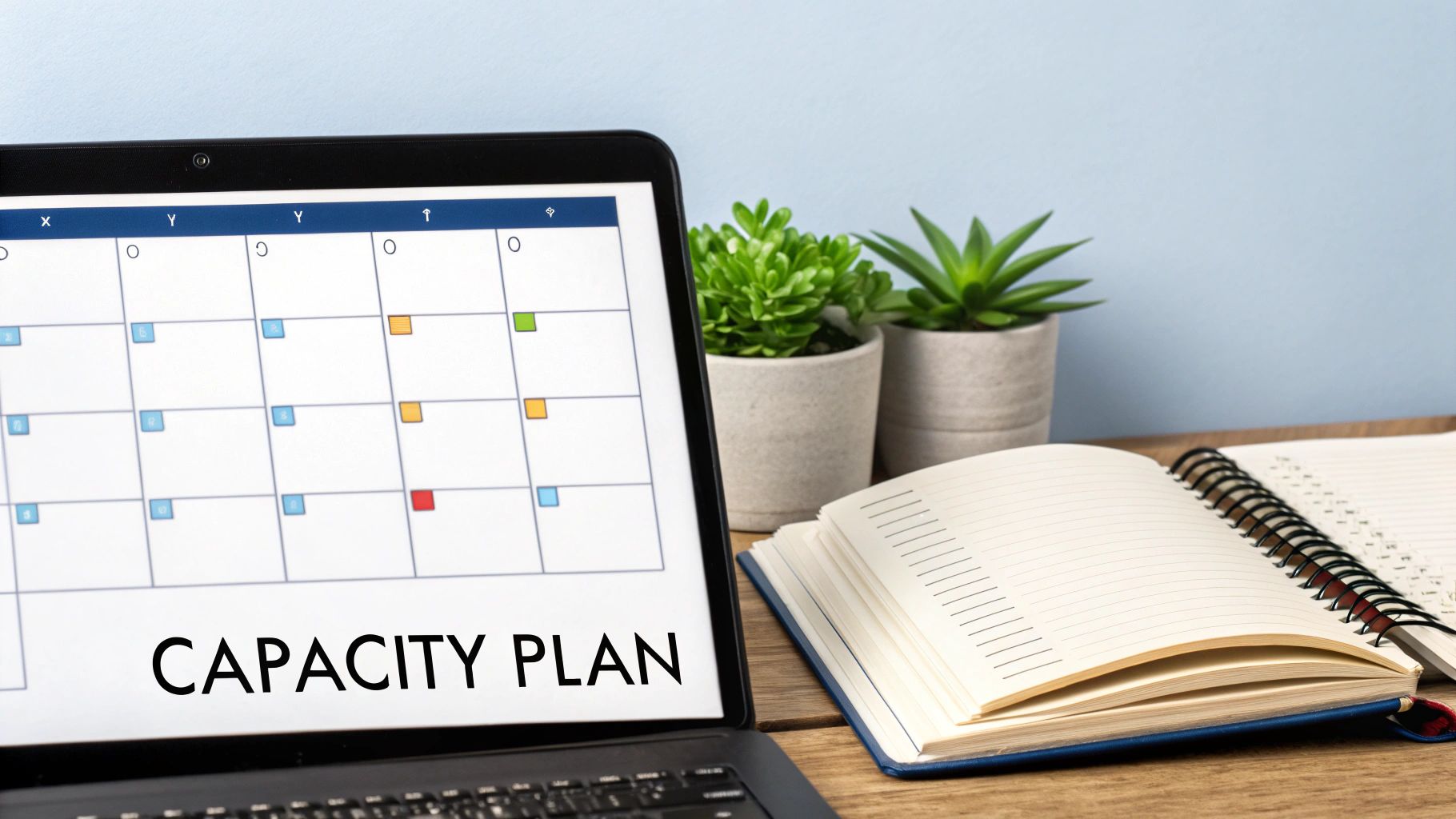 A laptop displays a 'CAPACITY PLAN' calendar, with green plants and an open notebook nearby.