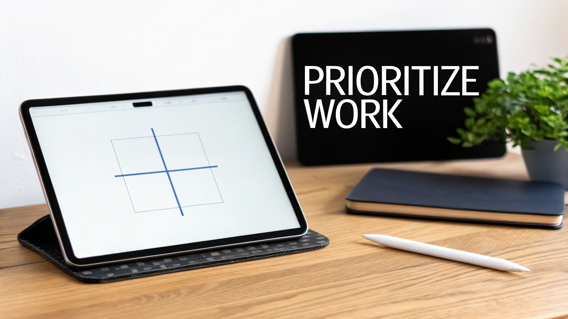 A digital workspace with a tablet showing a grid, a digital pen, and a laptop displaying 'PRIORITIZE WORK' text.