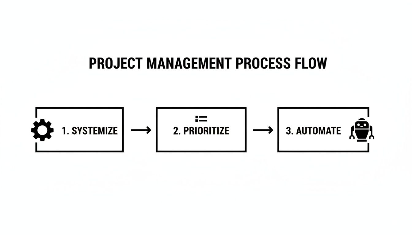 A project management process flow diagram showing three steps: Systemize, Prioritize, and Automate.