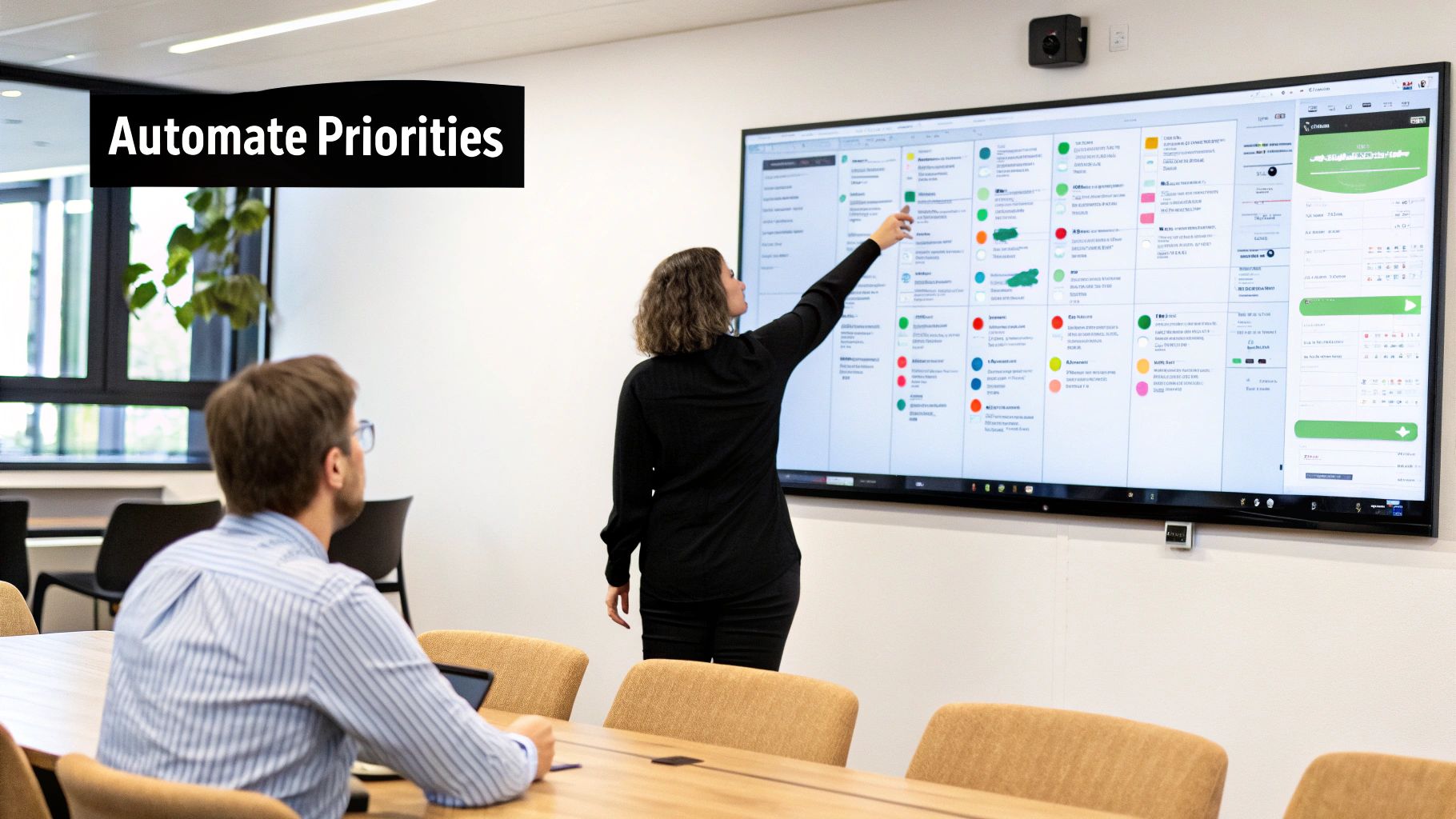 Two colleagues review and automate project priorities on a large interactive screen in a modern office.