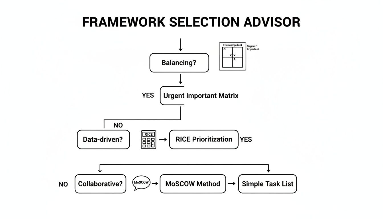 A flowchart titled 'Framework Selection Advisor' guiding through task prioritization methods.