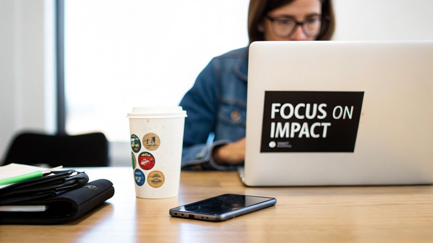 A person in glasses works on a laptop with a 'FOCUS ON IMPACT' sticker, alongside a coffee cup and phone.