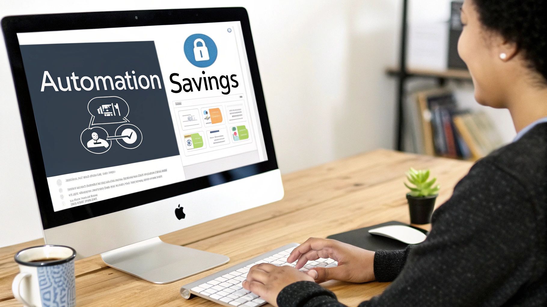 Person typing on a desktop computer displaying 'Automation Savings' in an office setting.