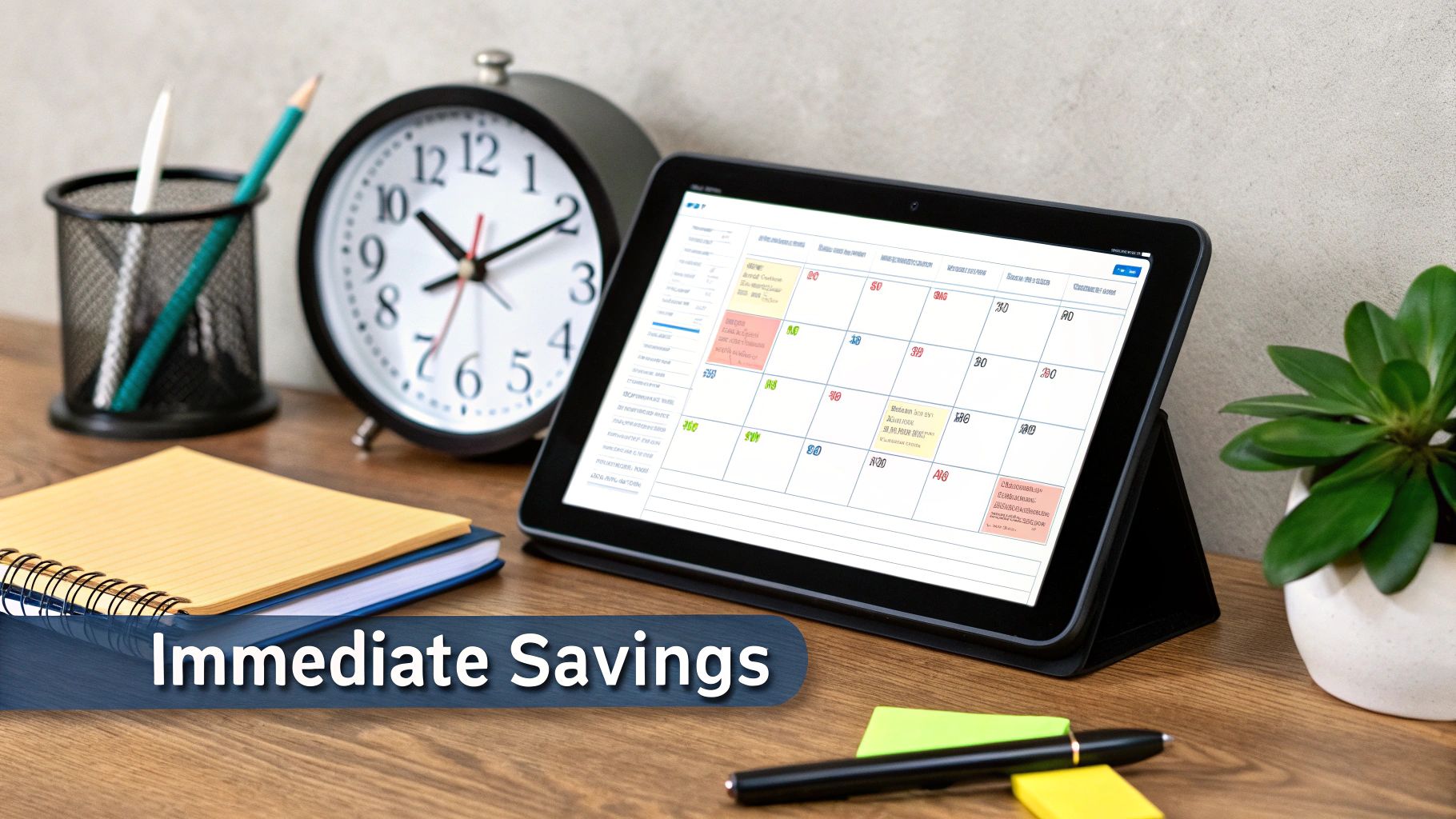 A tablet displaying a digital calendar and planner on a desk with an alarm clock and notebooks.