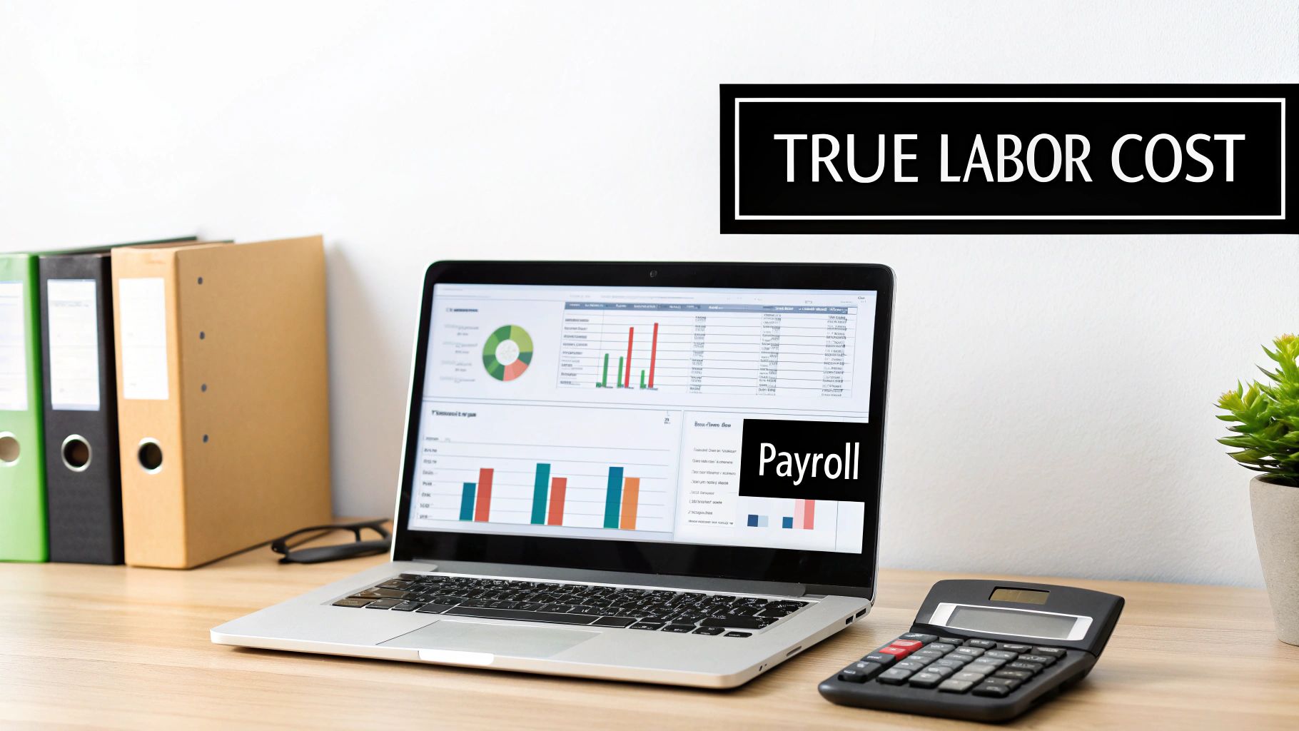 A laptop displaying financial data and 'Payroll' on screen, with text 'TRUE LABOR COST' above.