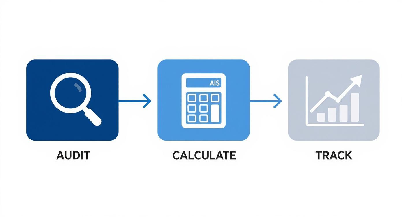 Process flow diagram showing three steps: audit, calculate, and track, represented by icons.